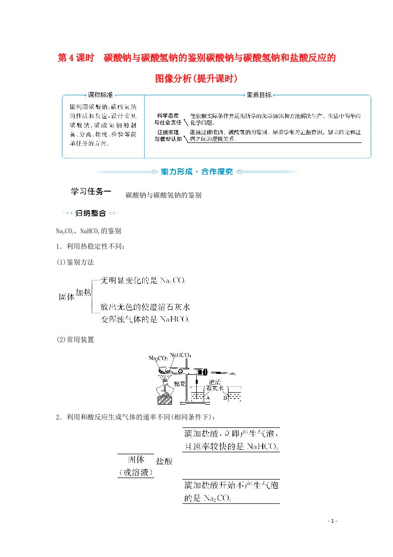 2021_2022学年新教材高中化学第二章海水中的重要元素__钠和氧第一节第4课时碳酸钠与碳酸氢钠的鉴别碳酸钠与碳酸氢钠和盐酸反应的图像分析提升课时学案新人教版必修1