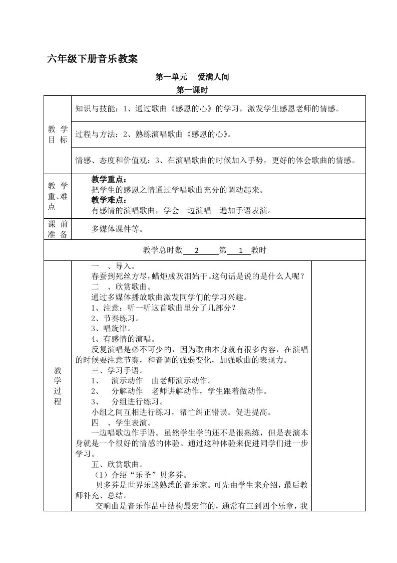 六年级下册音乐教案表格