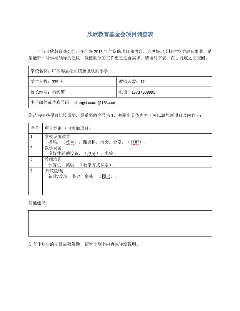 欣欣教育基金会项目调查表