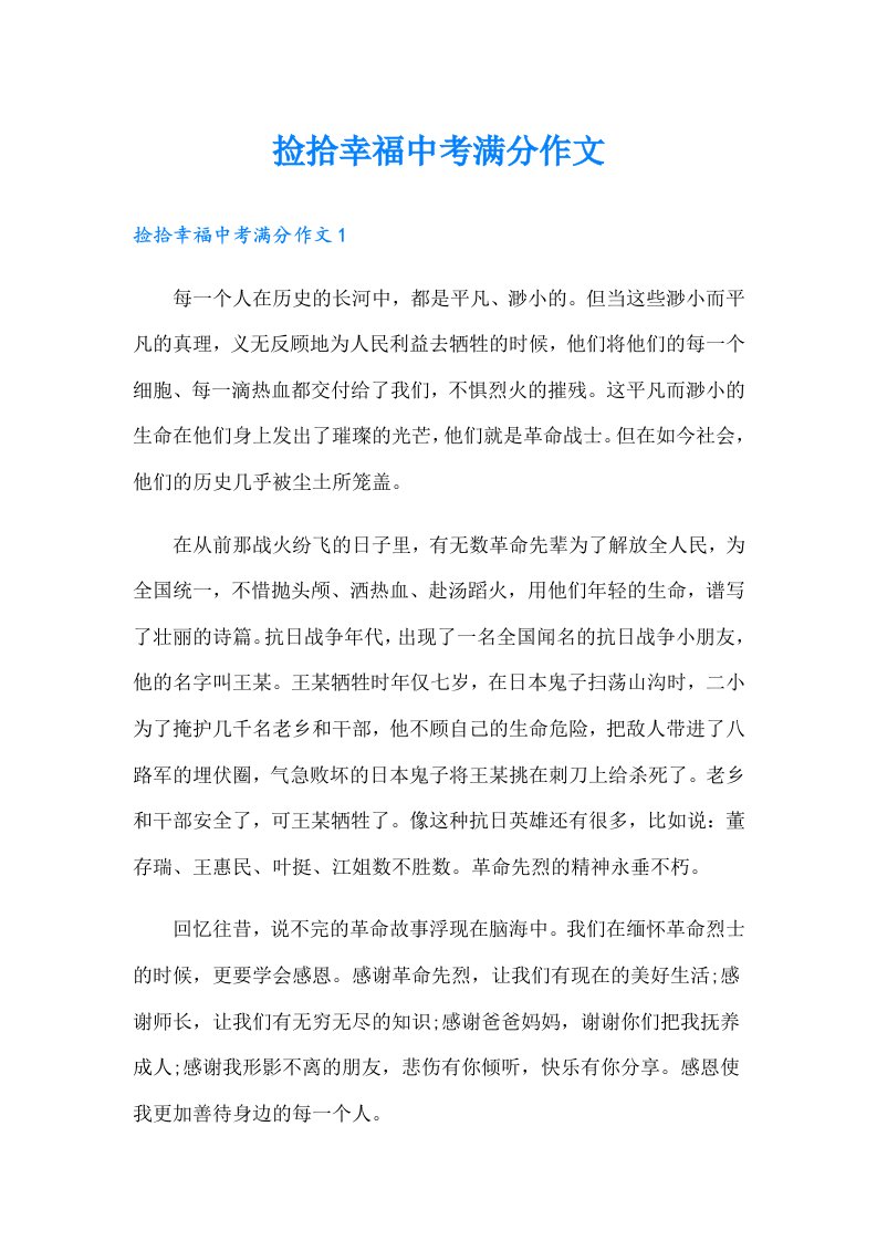 捡拾幸福中考满分作文