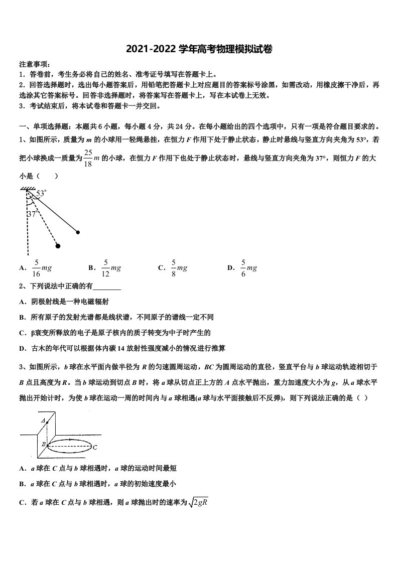 2021-2022学年陕西黄陵中学高三3月份模拟考试物理试题含解析