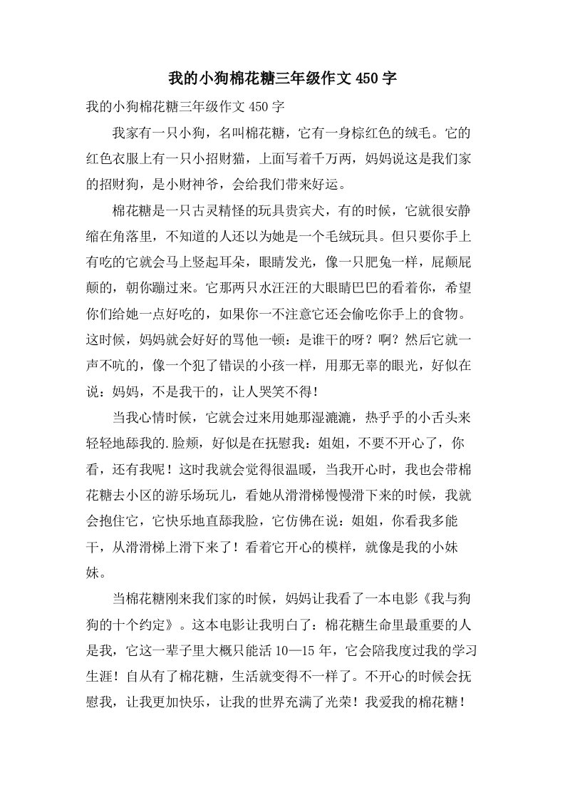 我的小狗棉花糖三年级作文450字