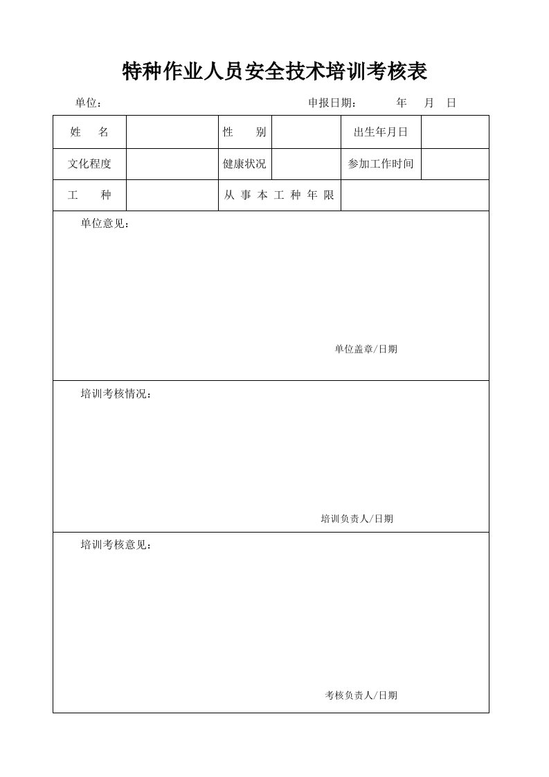 精选特种作业人员安全技术培训考核表