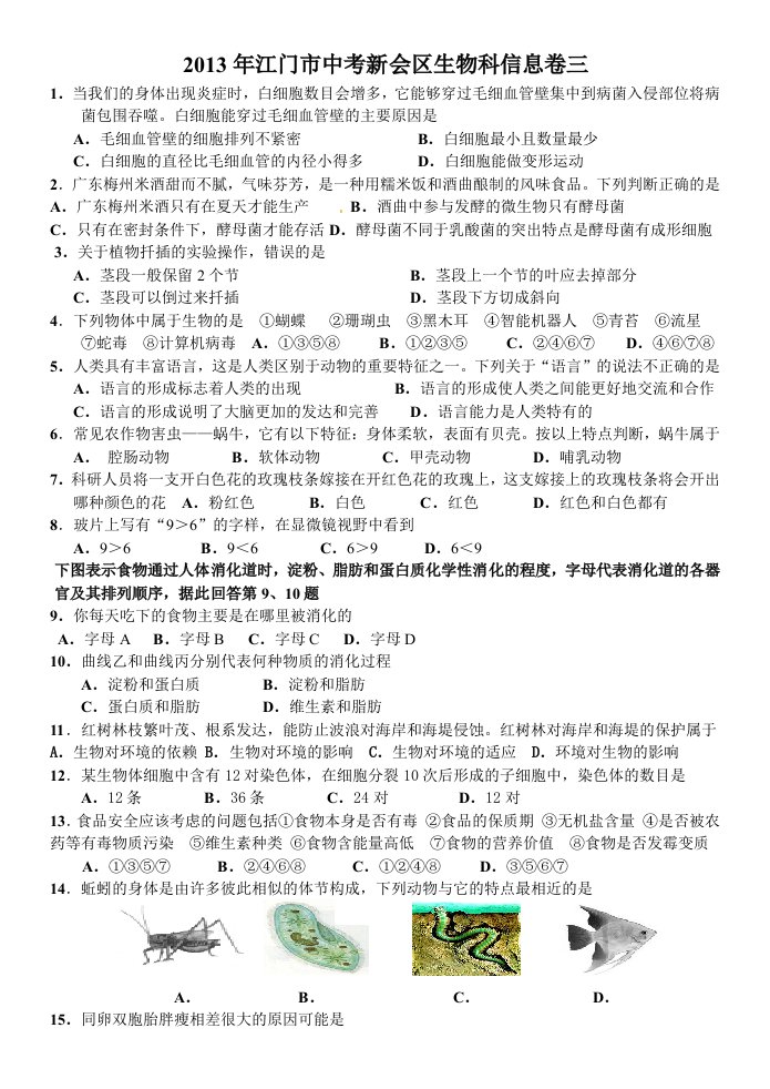 2013年江门市中考新会区生物科信息卷三