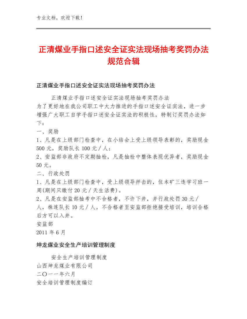 正清煤业手指口述安全证实法现场抽考奖罚办法规范合辑