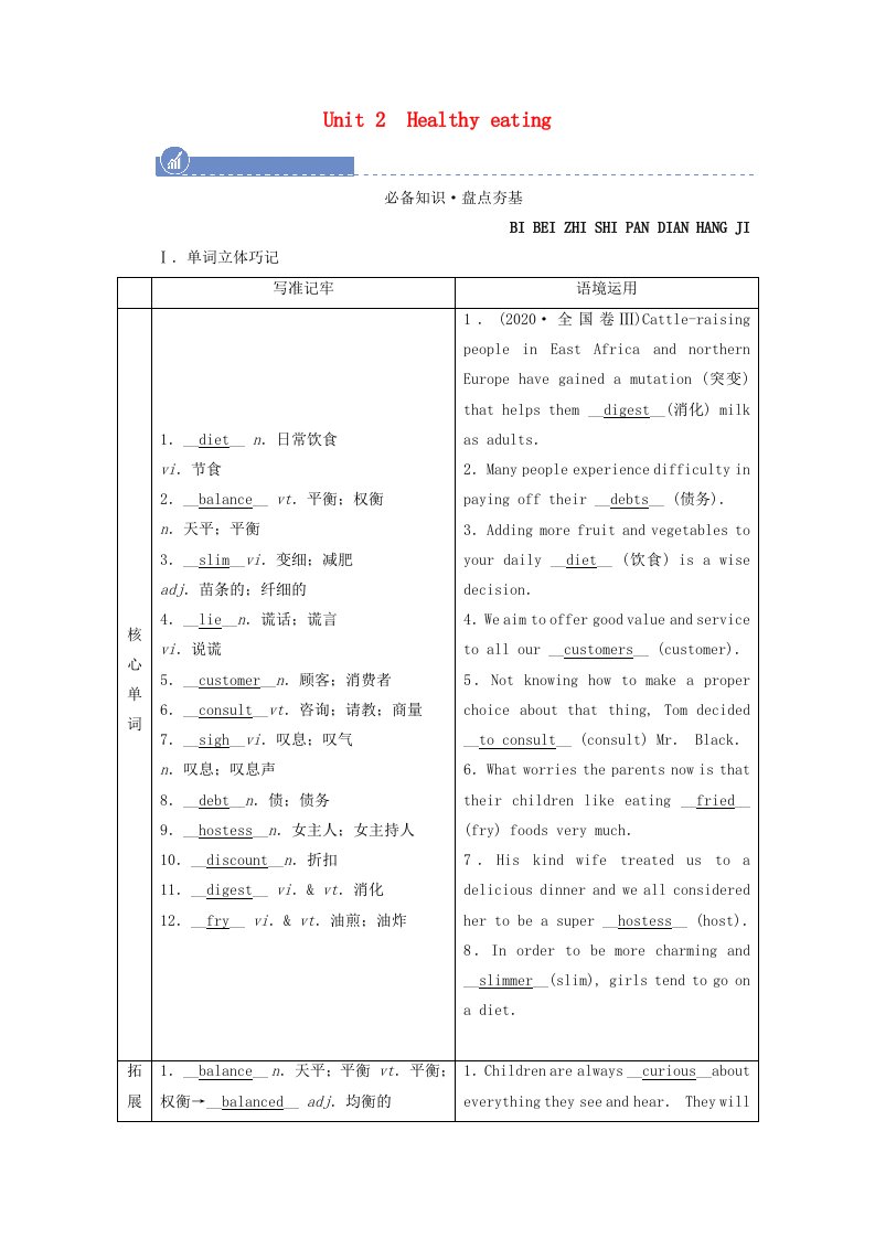 2022届高考英语一轮总复习必修三Unit2Healthyeating学案含解析新人教版