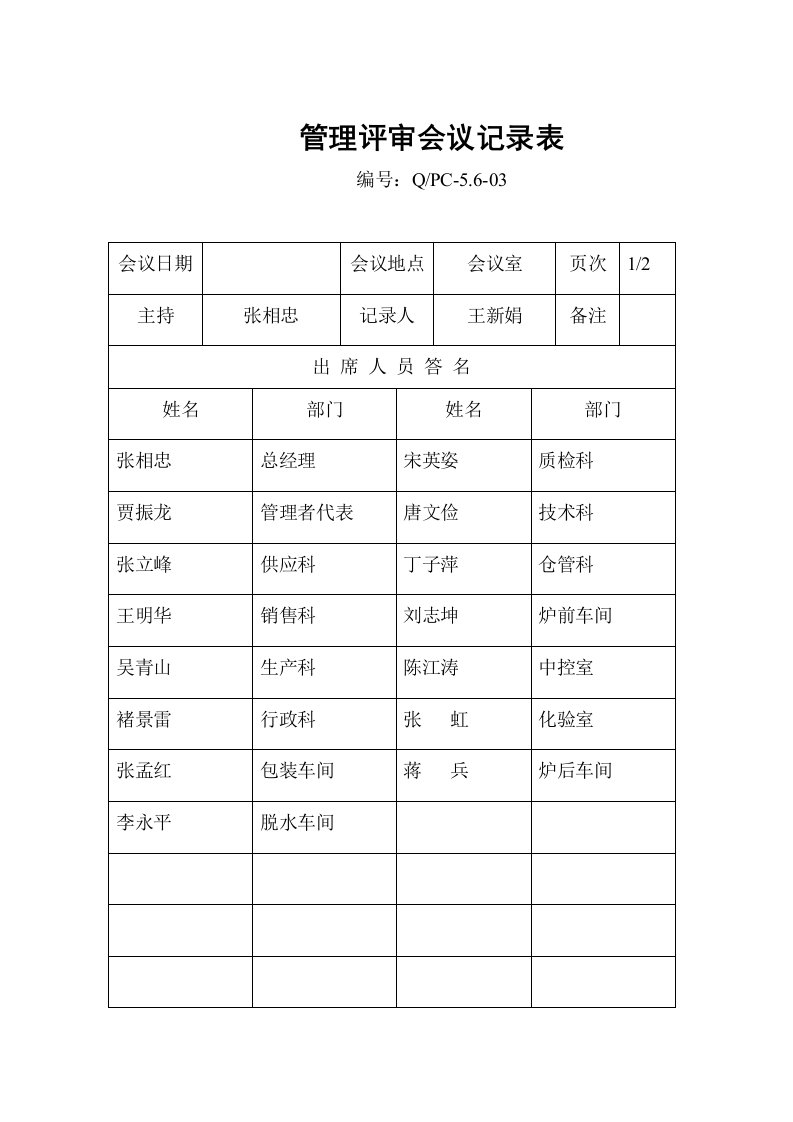 管理评审会议记录