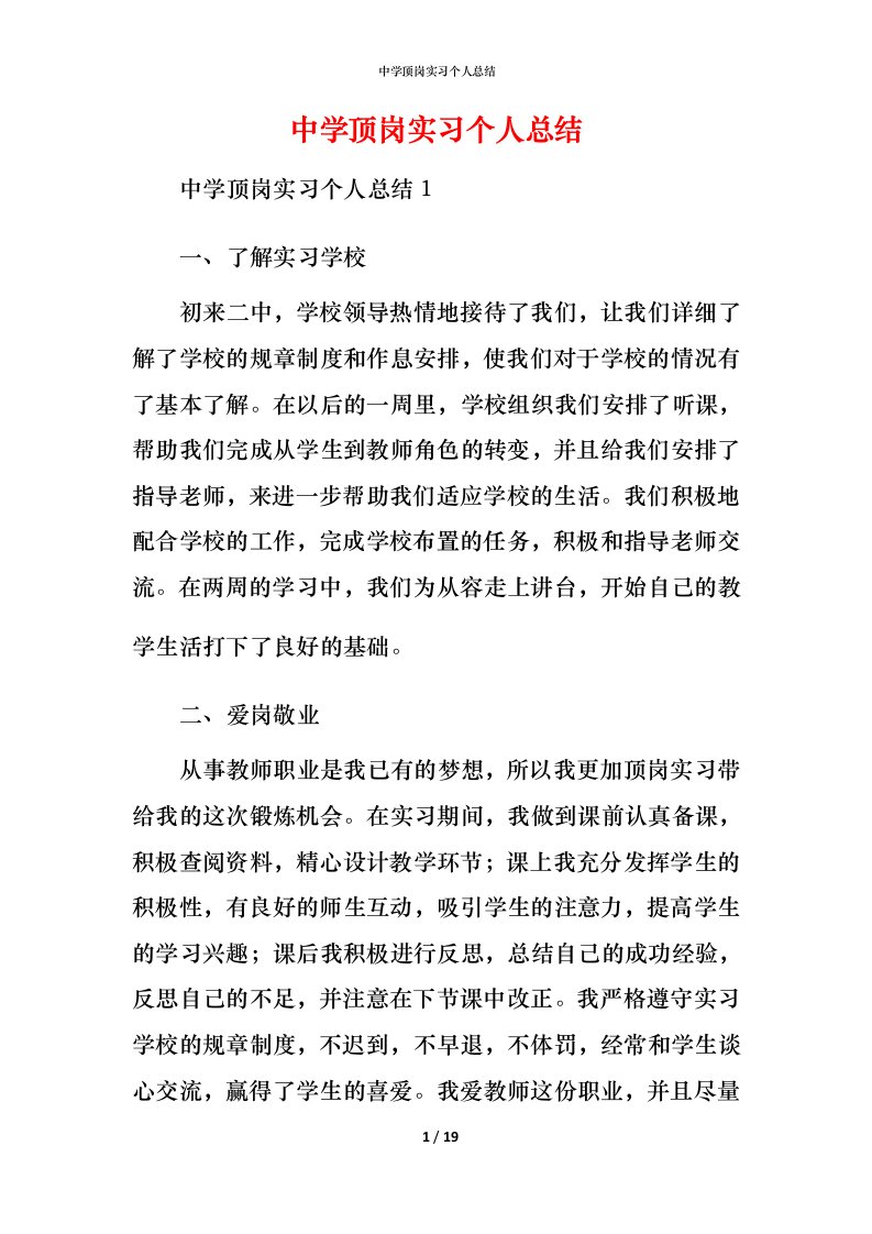 精编中学顶岗实习个人总结