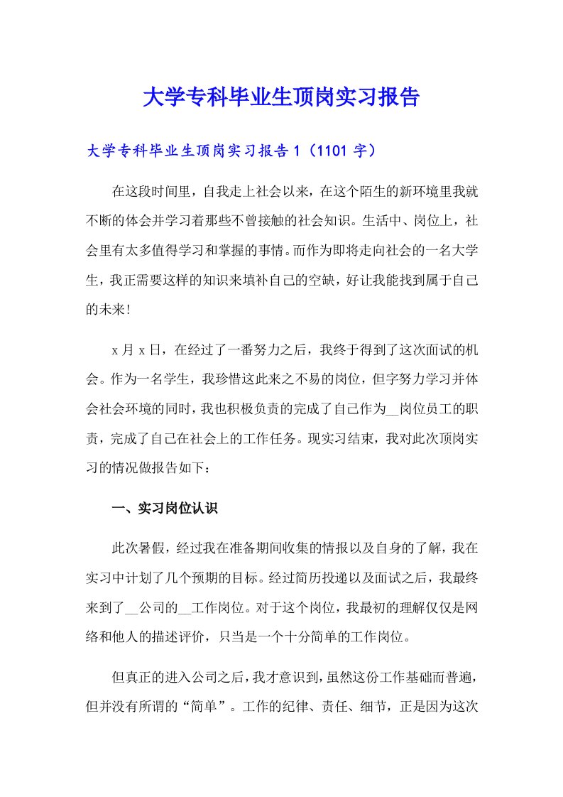 大学专科毕业生顶岗实习报告