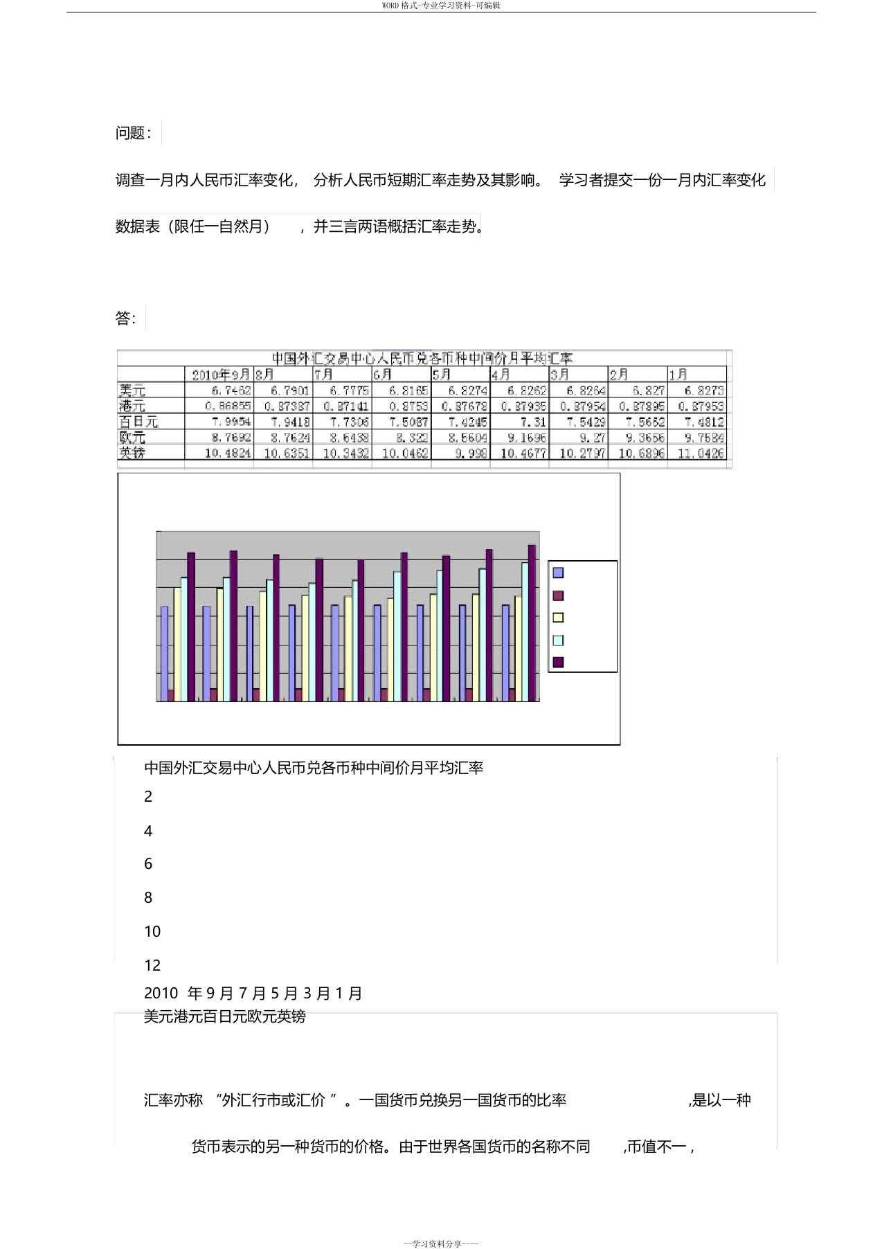 电大作业汇率调查人民币汇率变化,分析人民币短期汇率走势与其影响