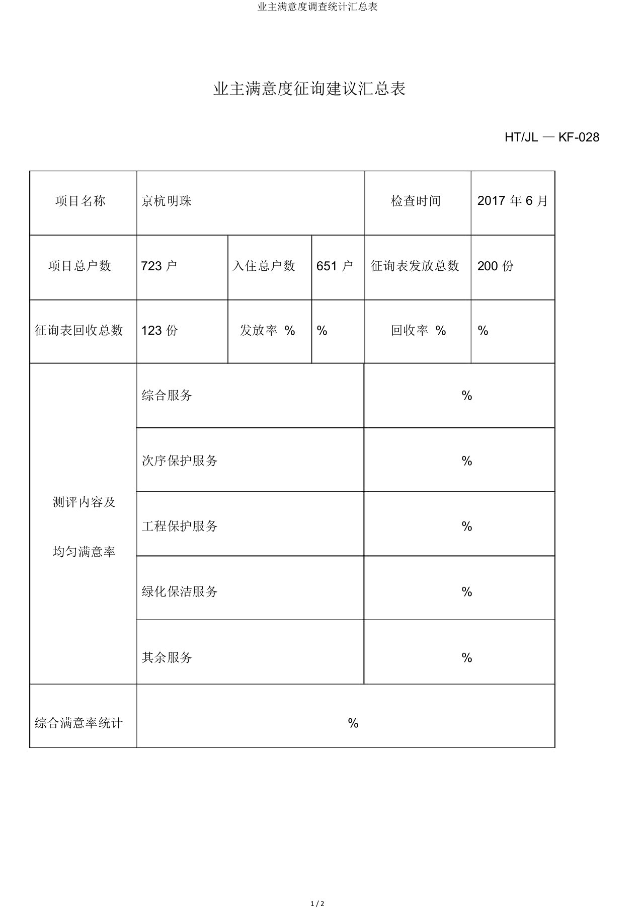 业主满意度调查统计汇总表