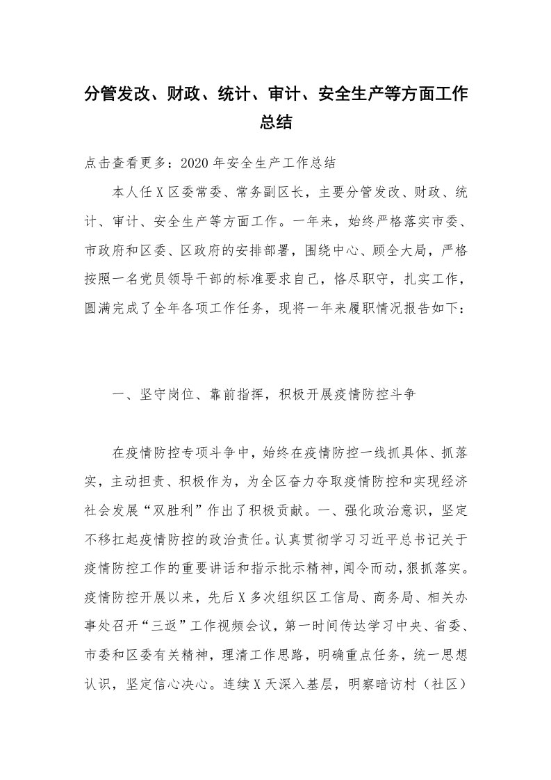 分管发改、财政、统计、审计、安全生产等方面工作总结