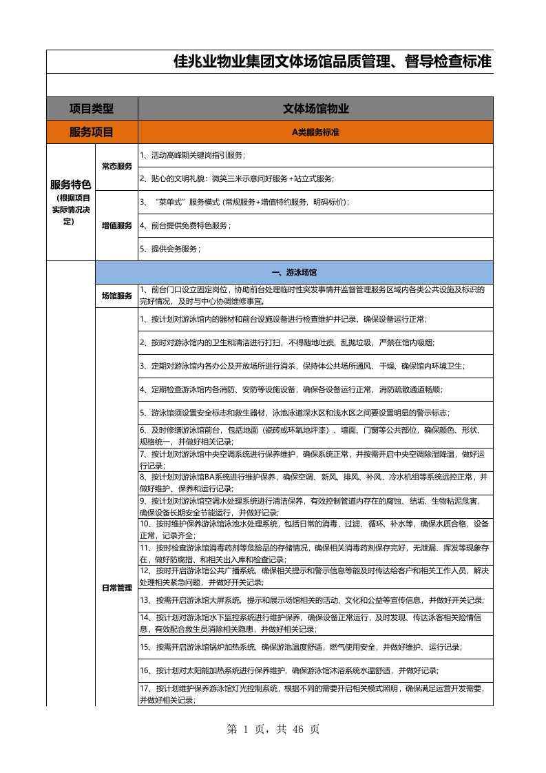 物业管理-佳兆业物业管理文体场馆品质督导检查标准