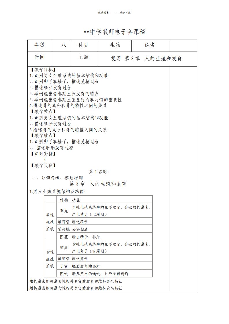 苏教版七年级下册生物中考复习教案