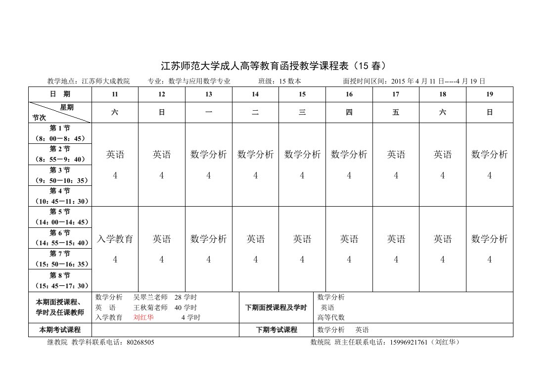 江苏师范大学成人高等教育函授教学课程表15春