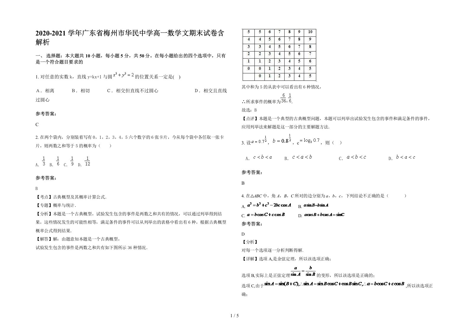 2020-2021学年广东省梅州市华民中学高一数学文期末试卷含解析