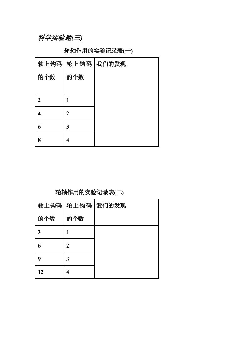 轮轴作用的实验记录表