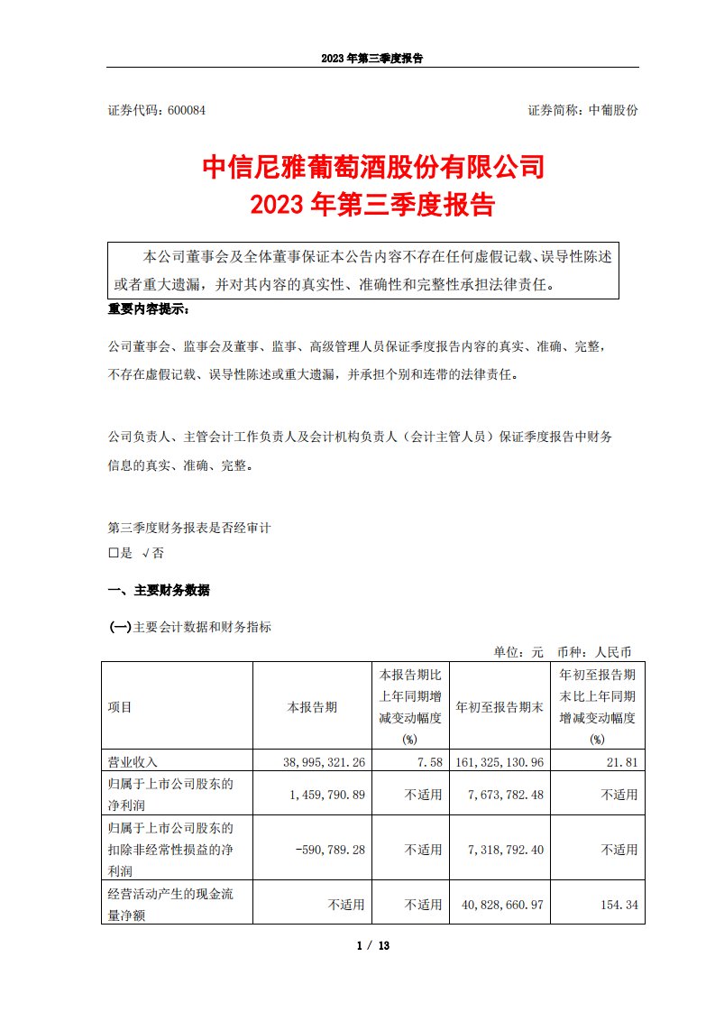 上交所-中信尼雅葡萄酒股份有限公司2023年第三季度报告-20231026