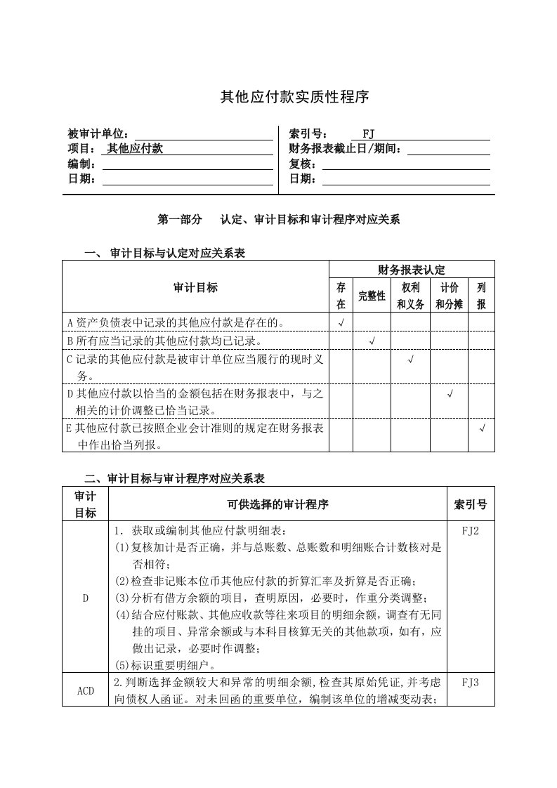 其他应付款实质性程序分析关系表