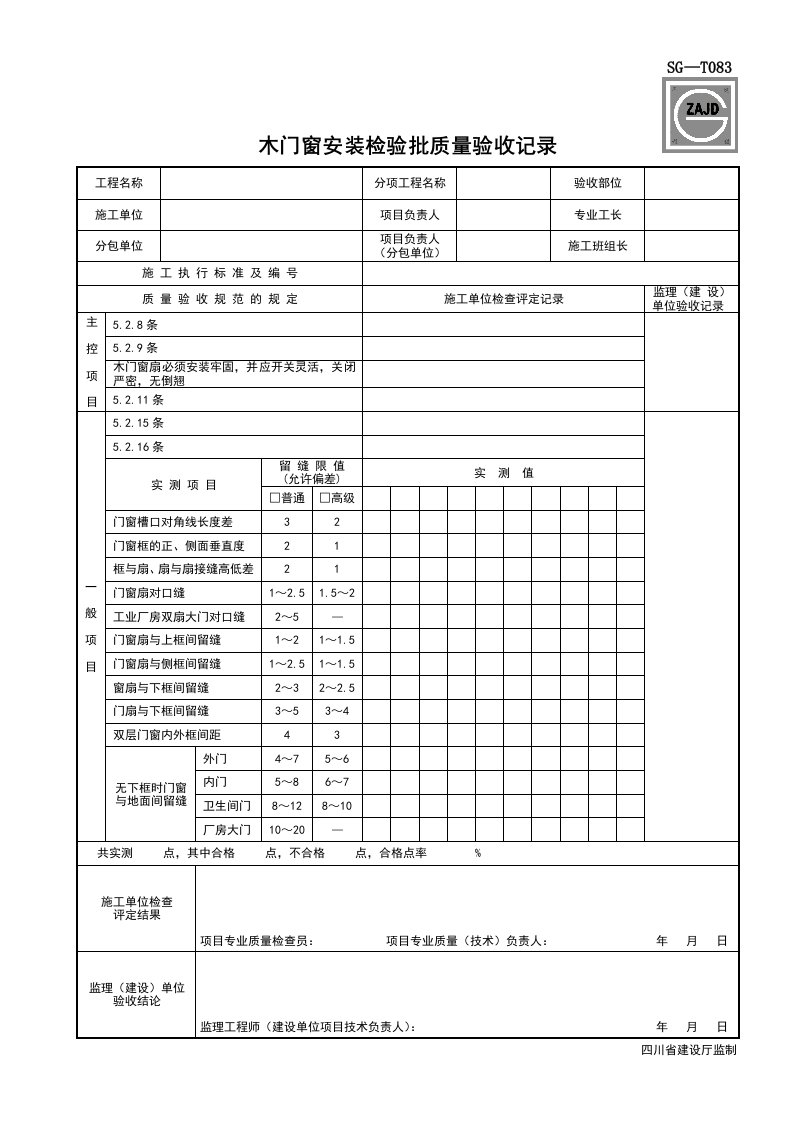 SG-T083木门窗安装检验批质量验收记录