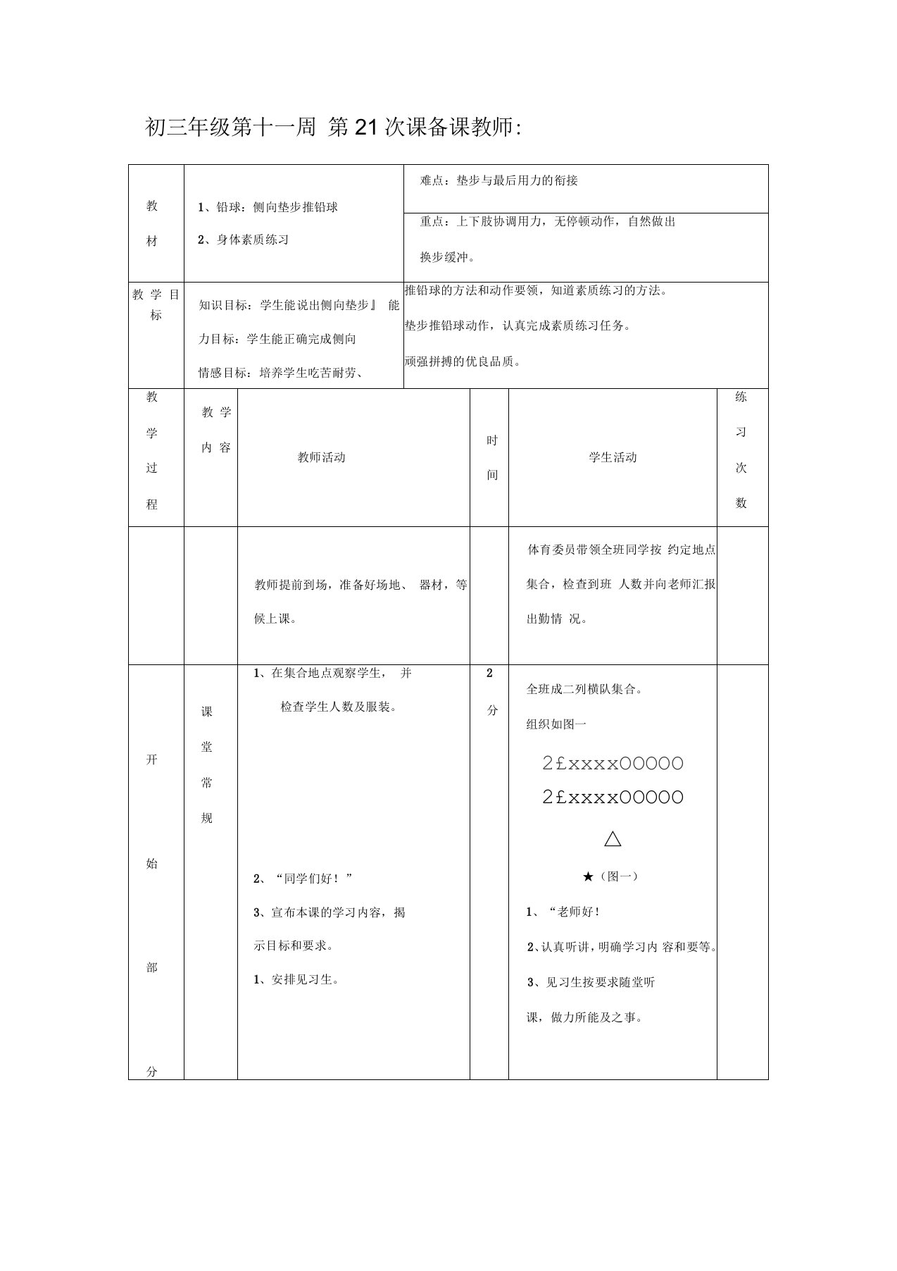 初三体育与健康教案集：铅球：侧向垫步推铅球(四)