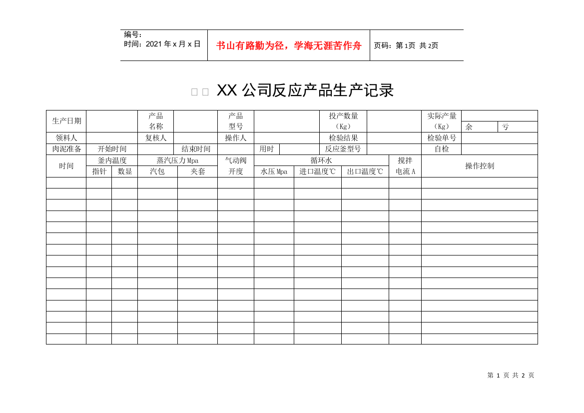 XX公司反应产品生产记录