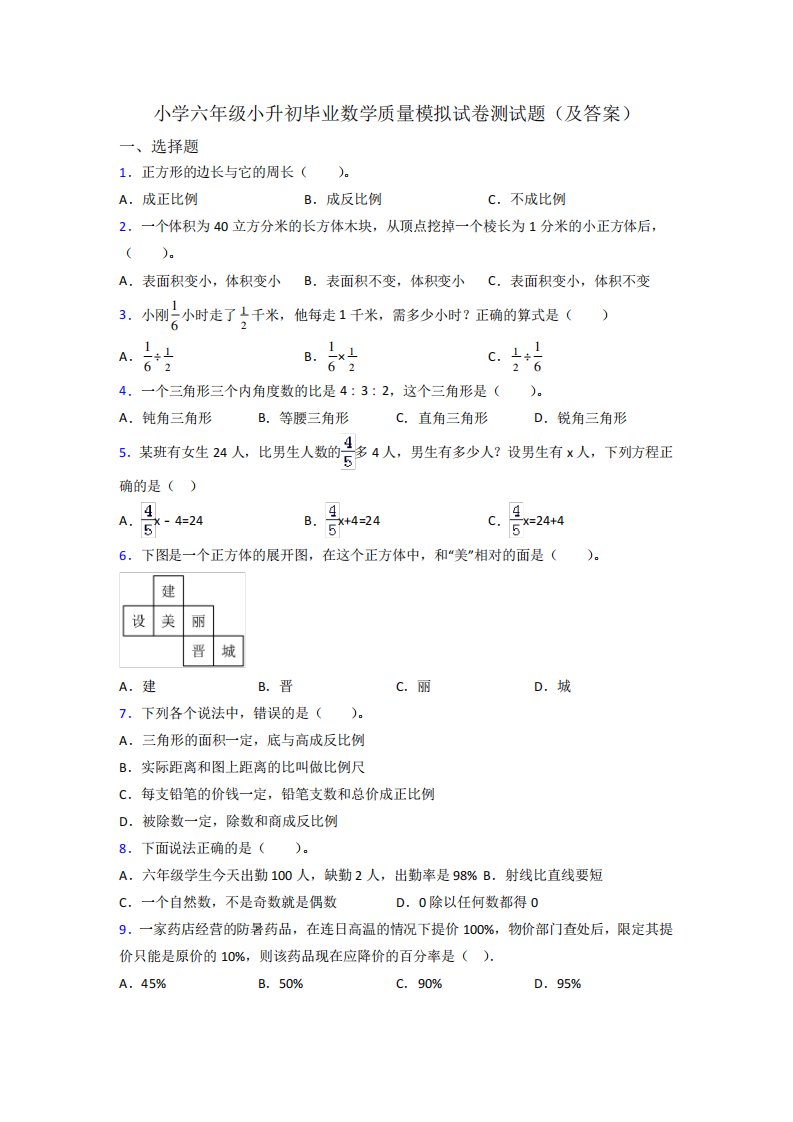 小学六年级小升初毕业数学质量模拟试卷测试题(及答案)