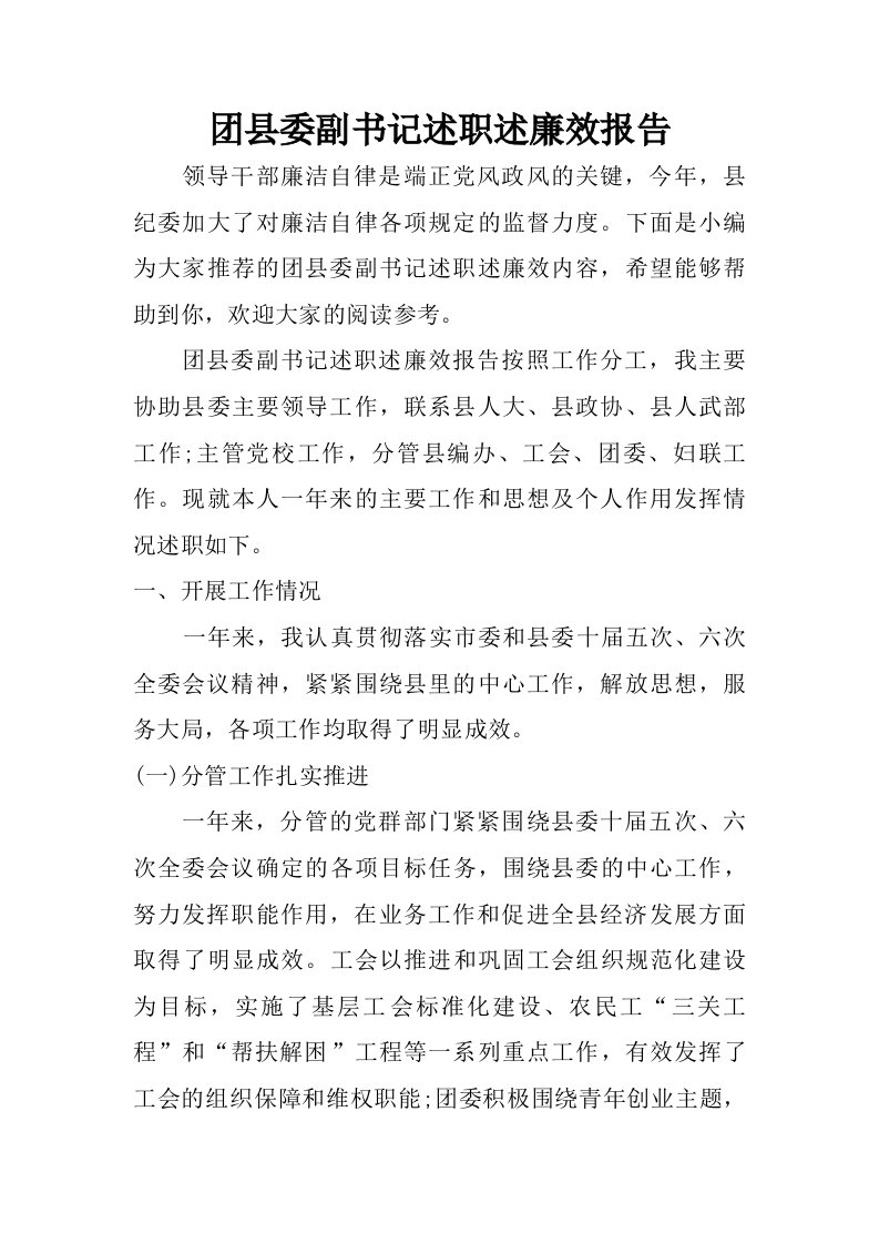 团县委副书记述职述廉效报告.doc