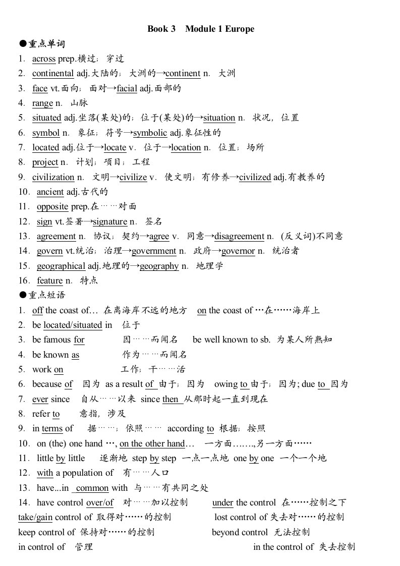 外研版高中英语必修三Module1-Europe基本知识