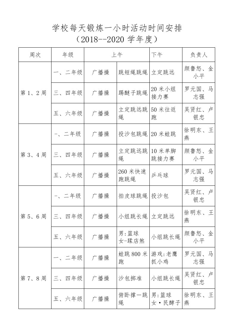 学校每天锻炼一小时活动时间安排