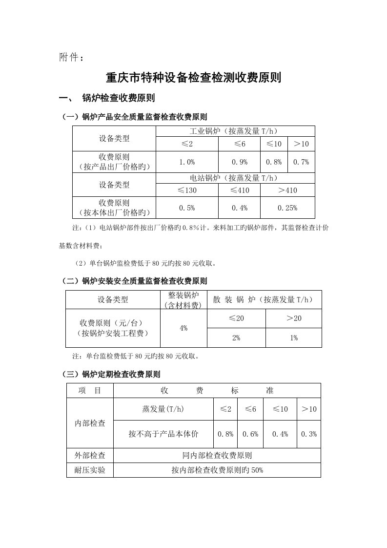 重庆市特种设备检验检测收费重点标准