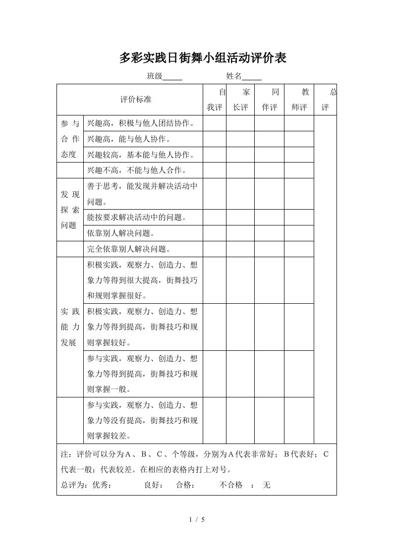 多彩实践日街舞小组活动评价表