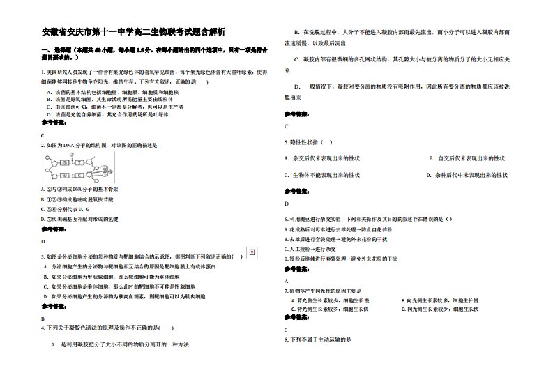 安徽省安庆市第十一中学高二生物联考试题含解析