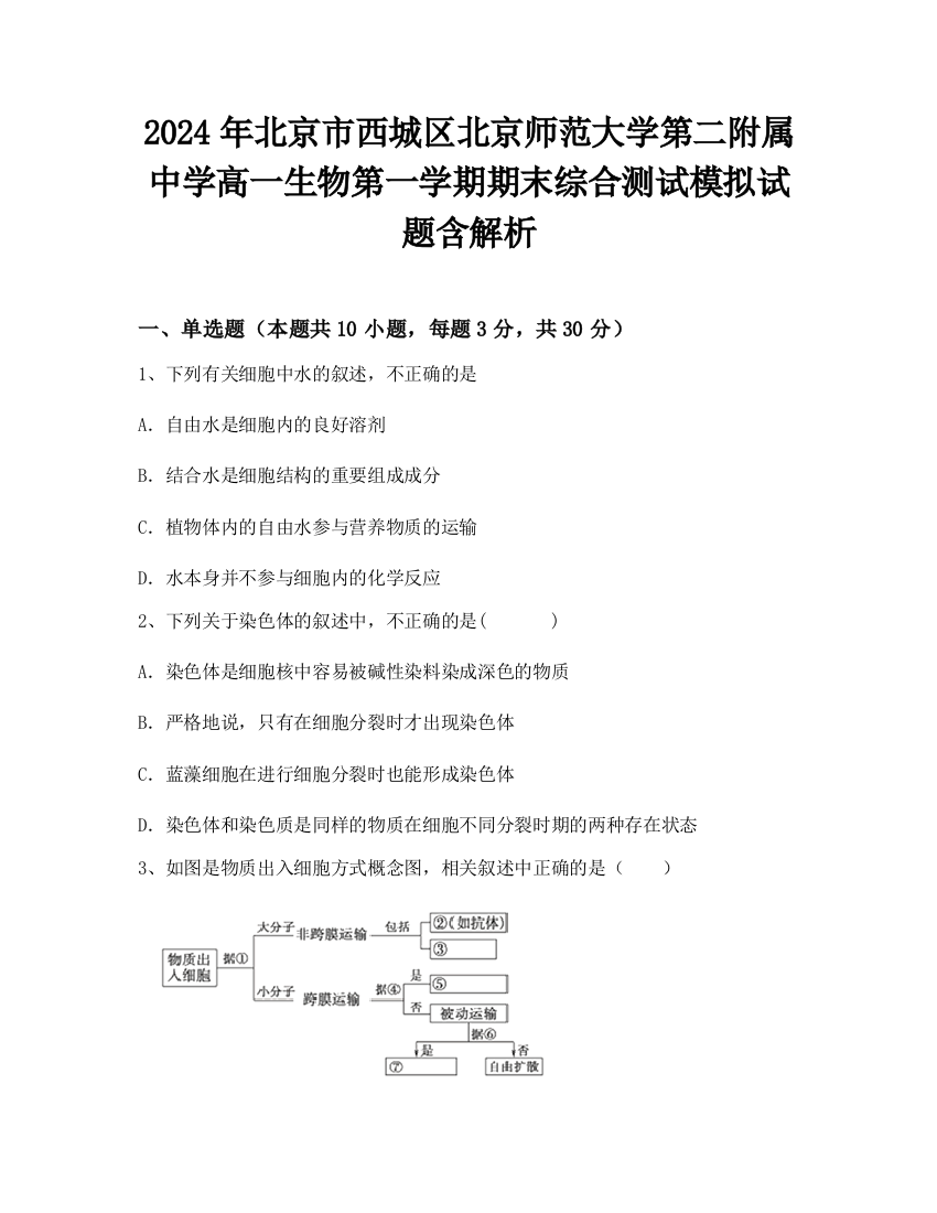 2024年北京市西城区北京师范大学第二附属中学高一生物第一学期期末综合测试模拟试题含解析