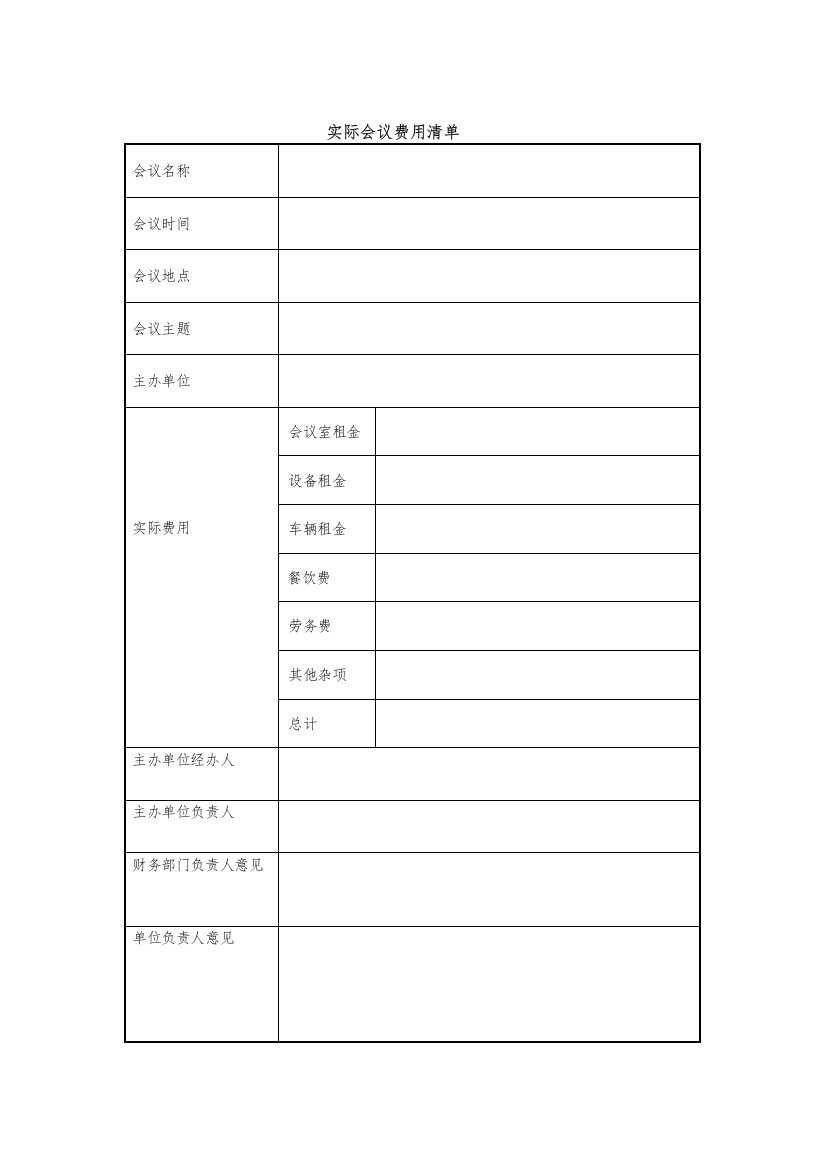 实际会议费用清单