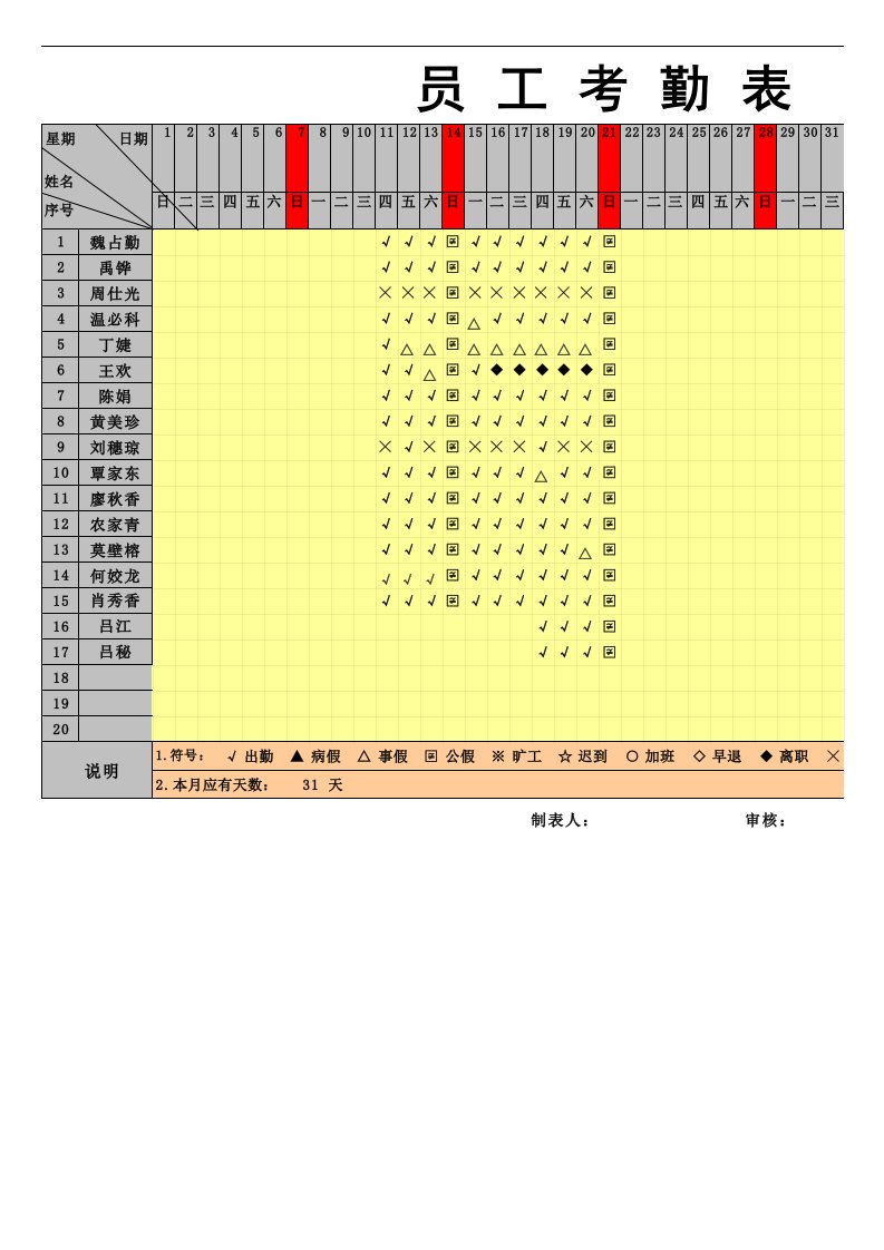 员工考勤表模板