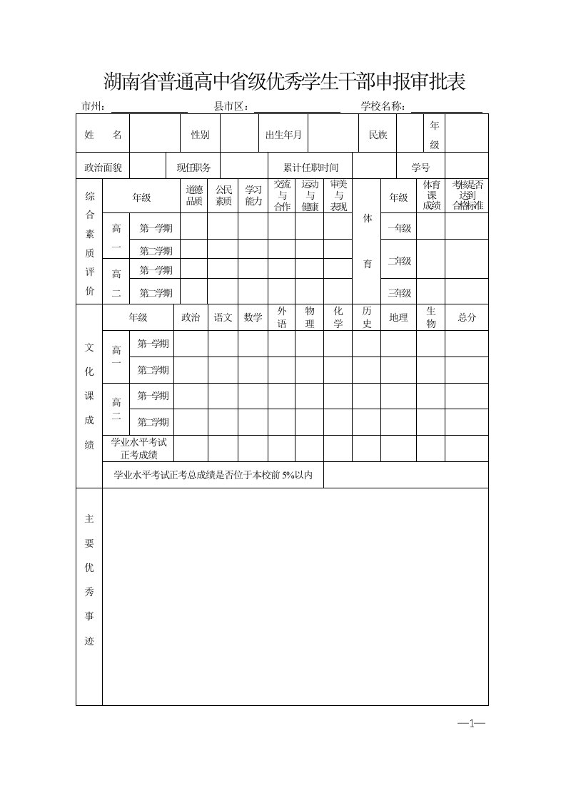 湖南省普通高中省级优秀学生干部申报审批表