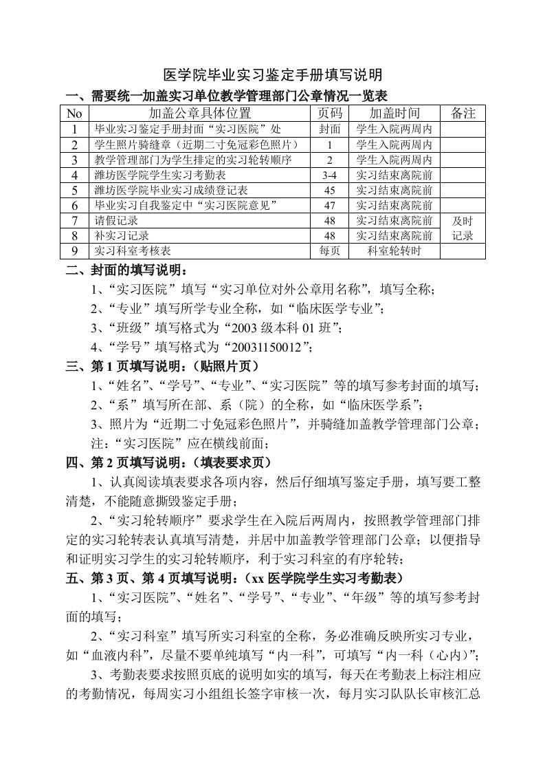 临床医学实习生手册填写