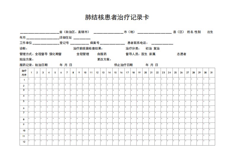 肺结核患者治疗记录卡