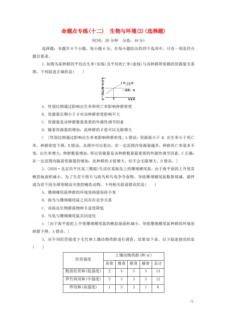 统考版2021高考生物二轮复习命题点专练十二生物与环境2选择题含解析