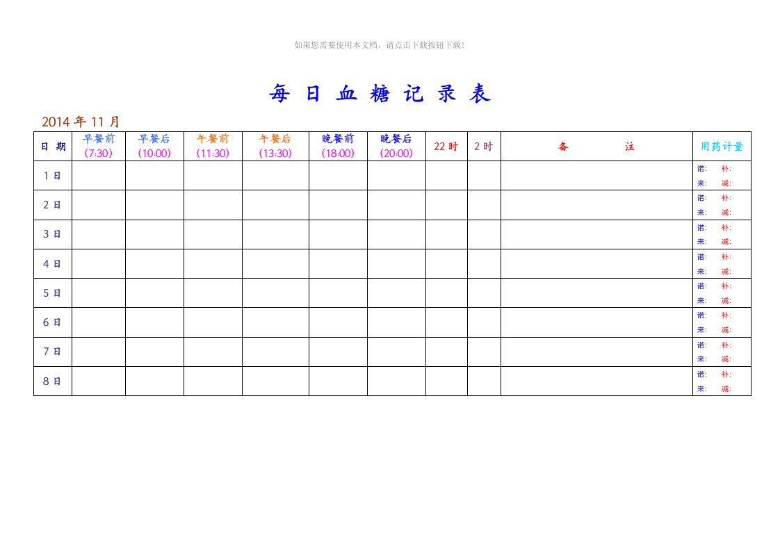 每日血糖记录表