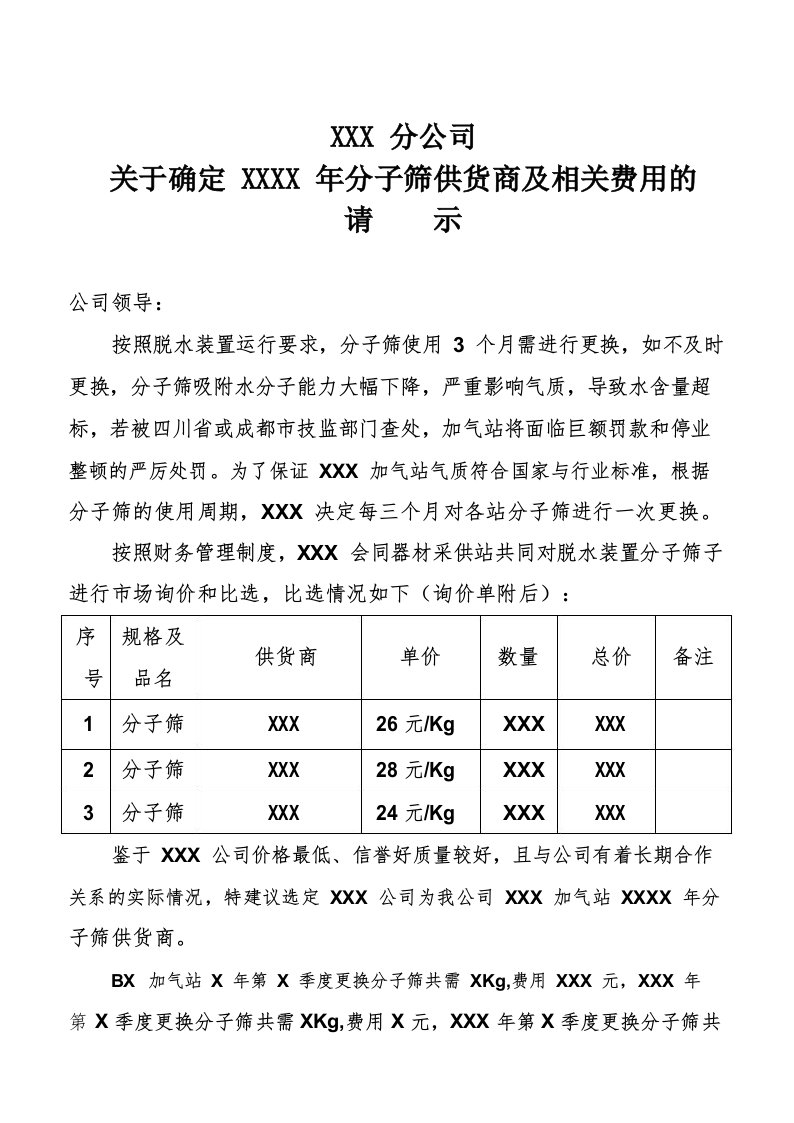 关于确定供货商的请示