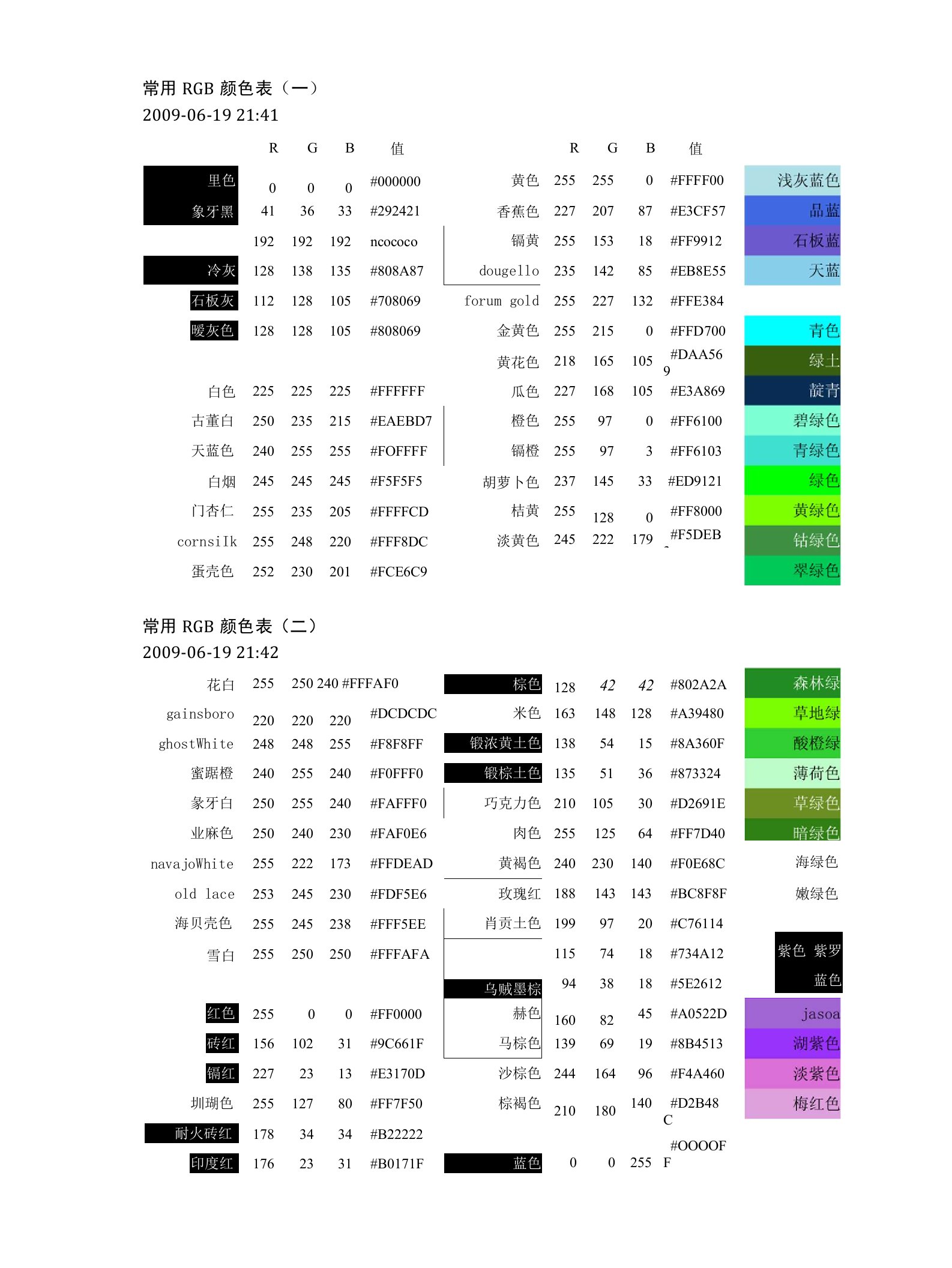 常用颜色的RGB值