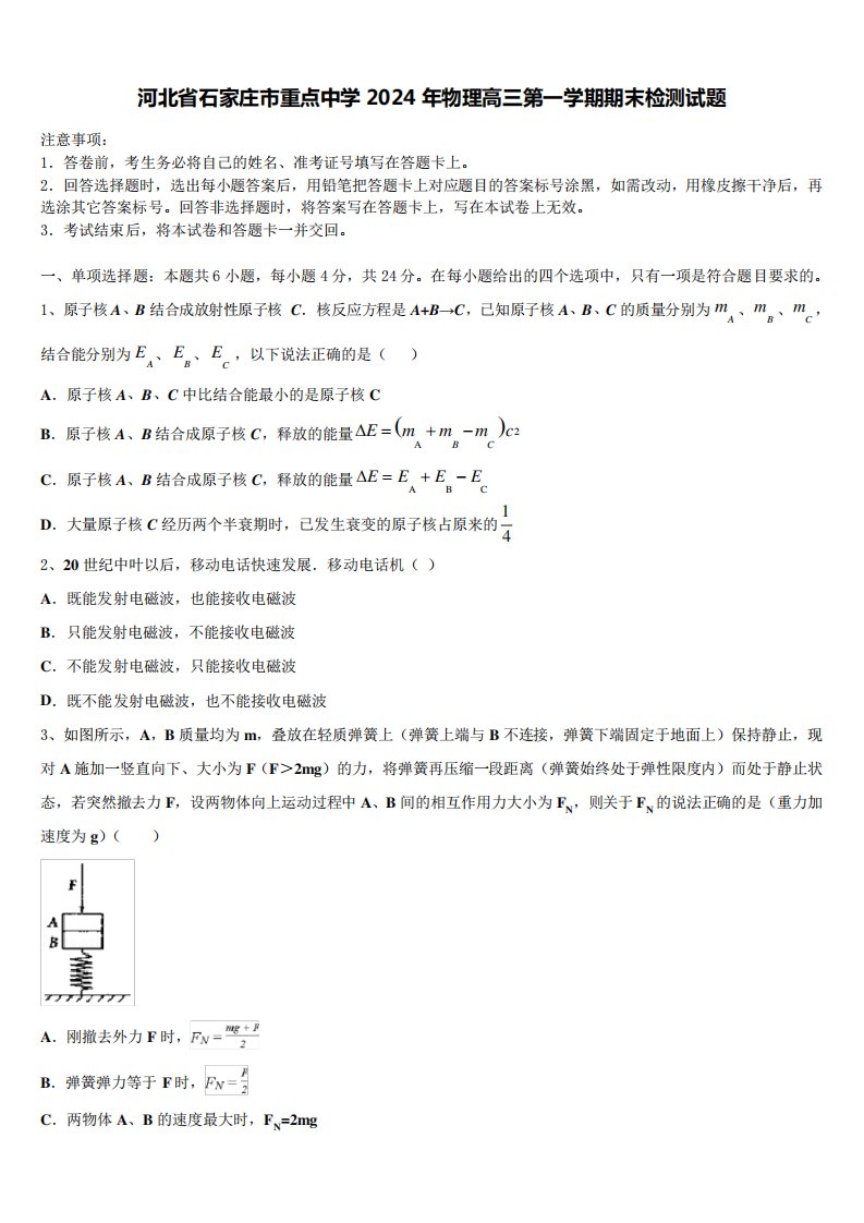 河北省石家庄市重点中学2024年物理高三第一学期期末检测试题含解析