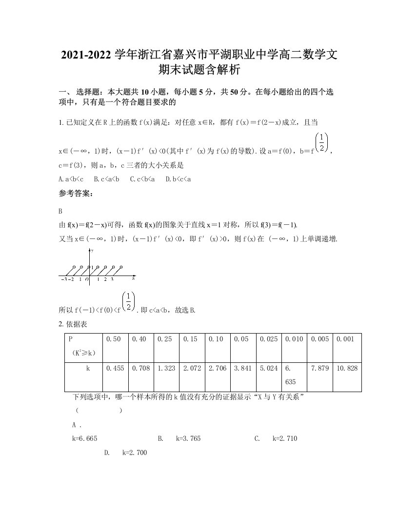 2021-2022学年浙江省嘉兴市平湖职业中学高二数学文期末试题含解析