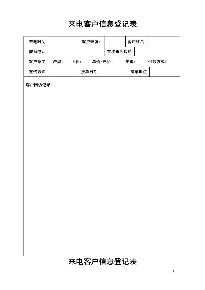 来电客户信息登记表