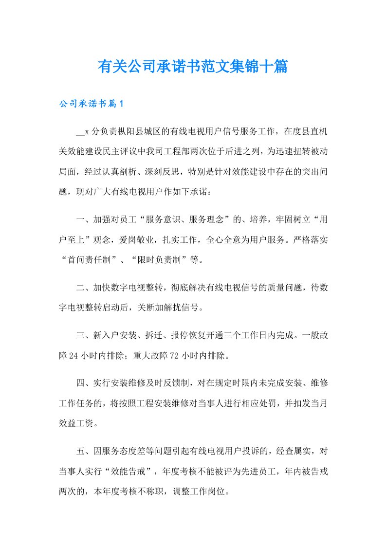 有关公司承诺书范文集锦十篇