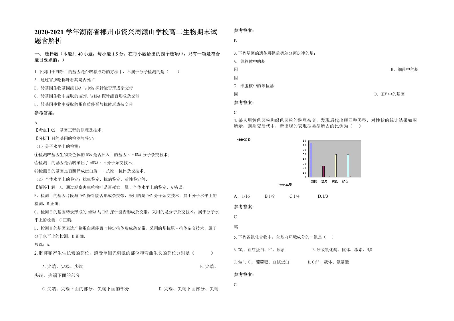 2020-2021学年湖南省郴州市资兴周源山学校高二生物期末试题含解析