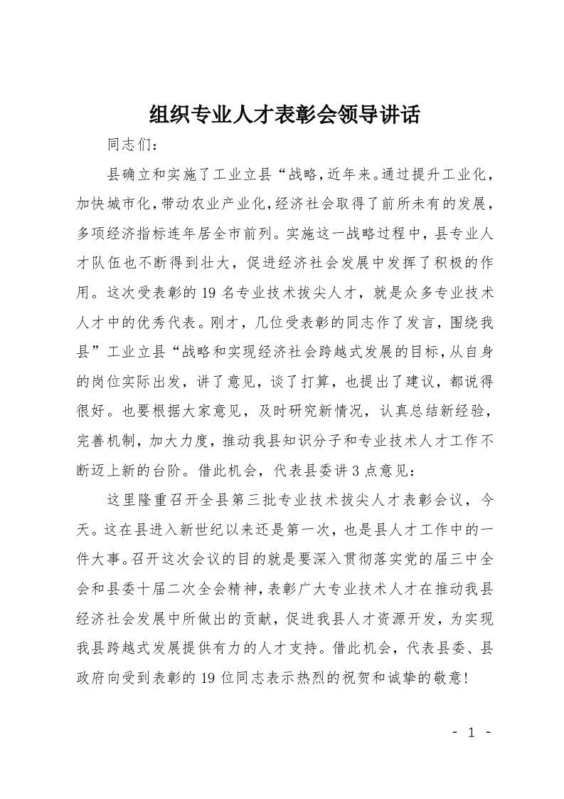 组织专业人才表彰会领导讲话