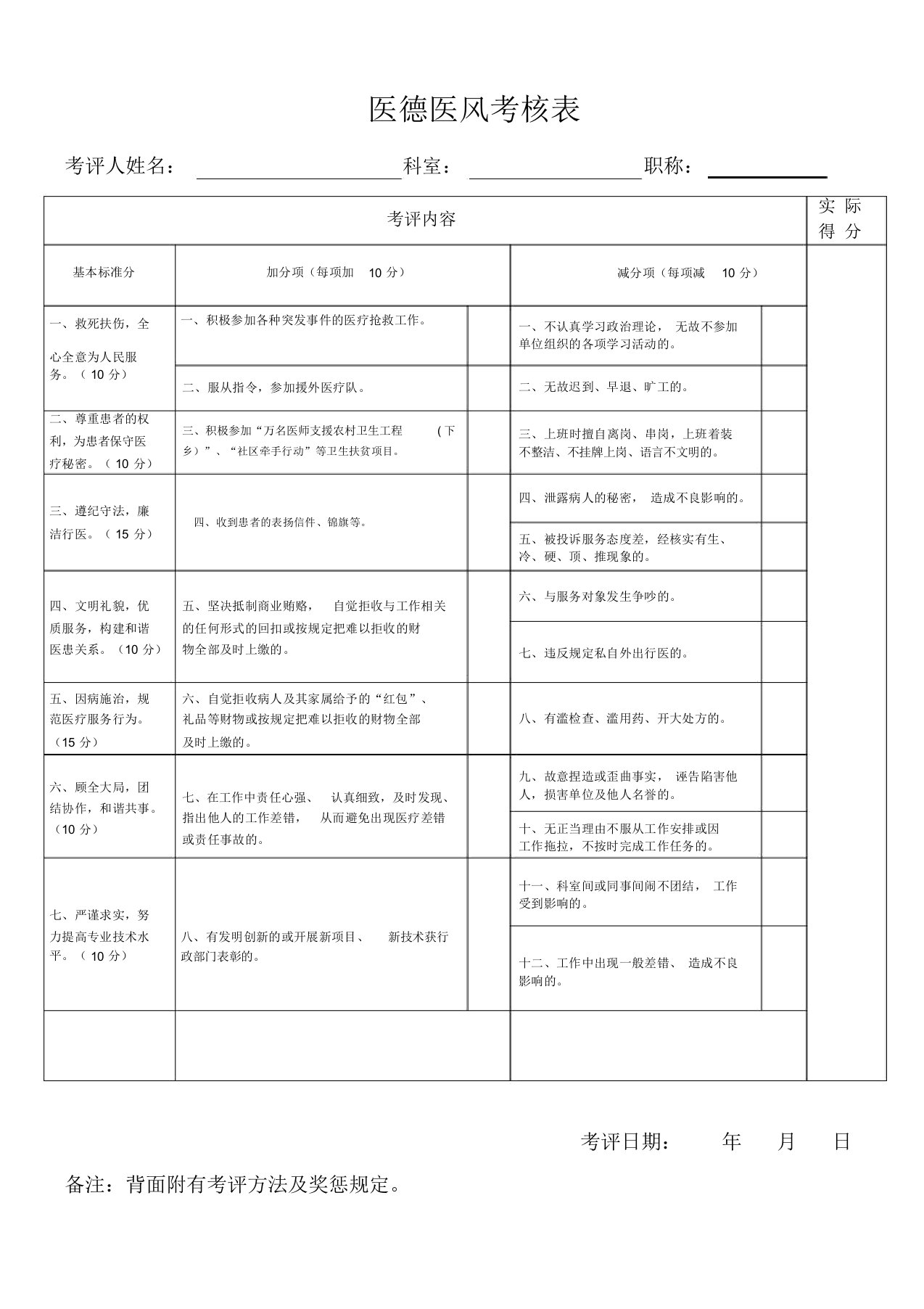 医德医风考核表